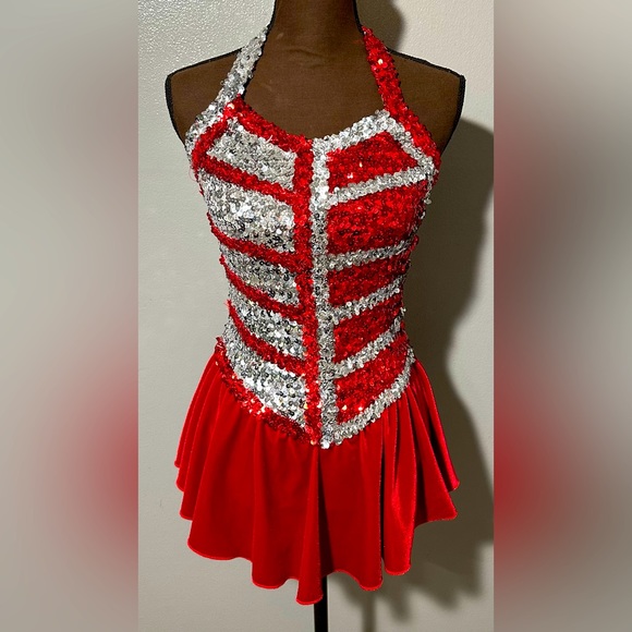 Algy Tops - Algy Red Silver Sequin Dance Baton Gymnastics Velvet Skirt Leotard Small NEW